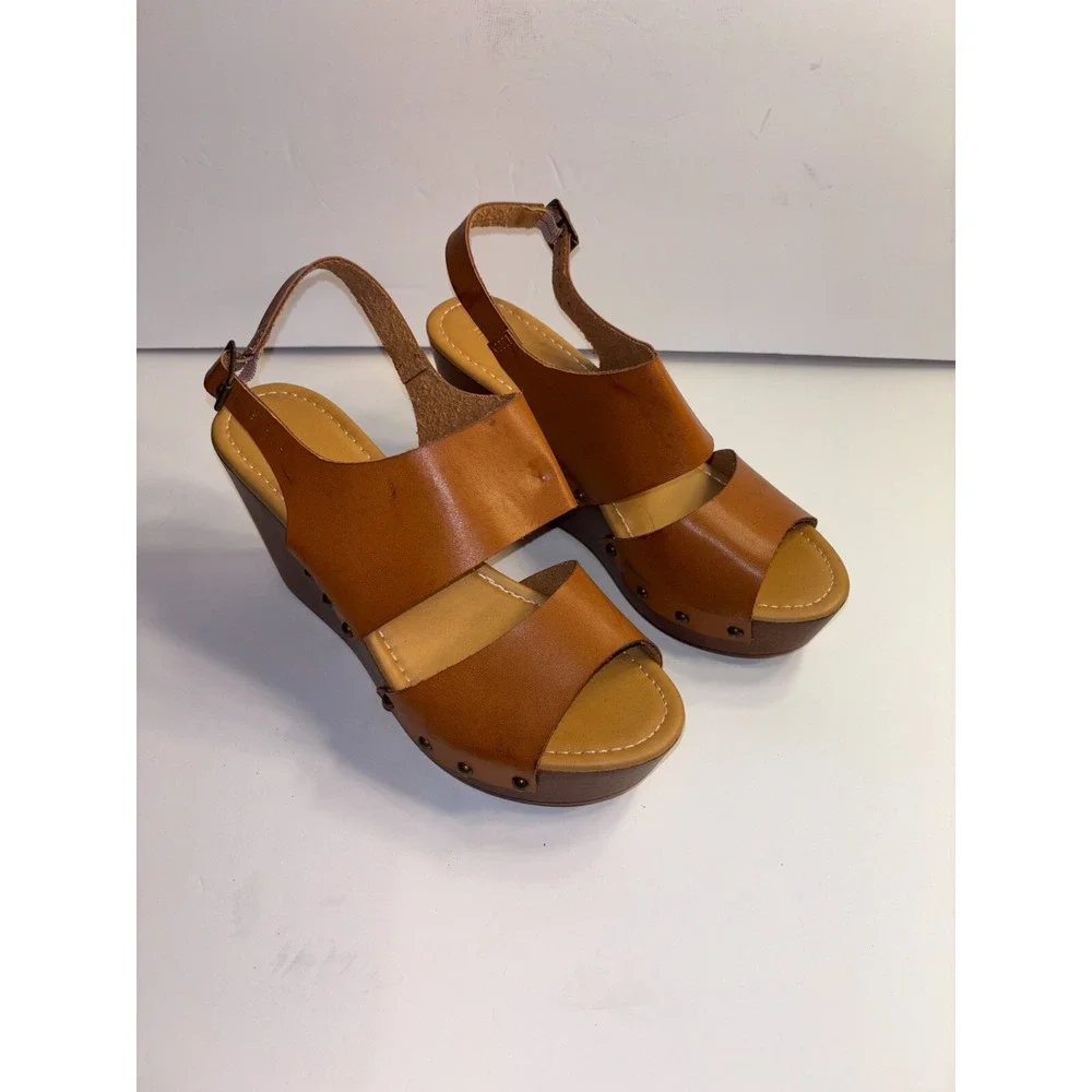 Madden Girl Driiggs Wedge Sandal Women's 8.5 Brown Faux Leather Comfort Open Toe